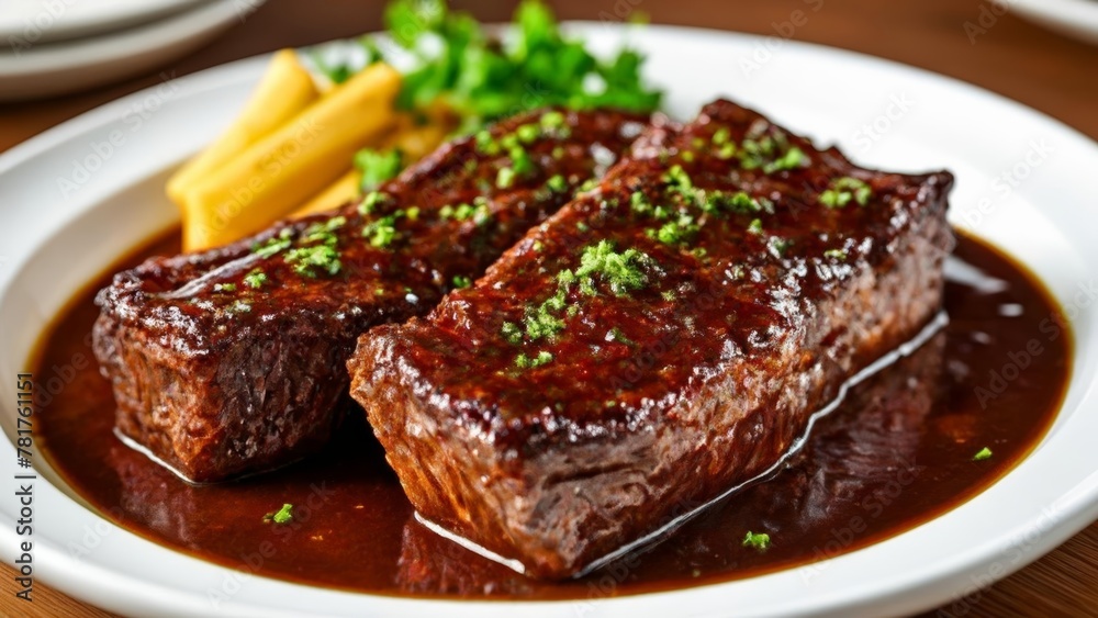 Deliciously tender slowcooked beef in a rich sauce served with a side of crispy potatoes and fresh greens Deliciously tender slowcooked beef in a rich sauce served with a side of crispy potatoes and fresh greens