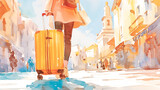 スーツケースを引く旅行客の後ろ姿の水彩イラスト
