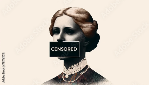  A woman with a black box over her mouth that boldly displays the word CENSORED representing the silencing of women photo