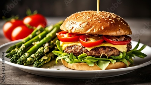  Deliciously stacked burger with fresh toppings and a side of vibrant asparagus and tomatoes