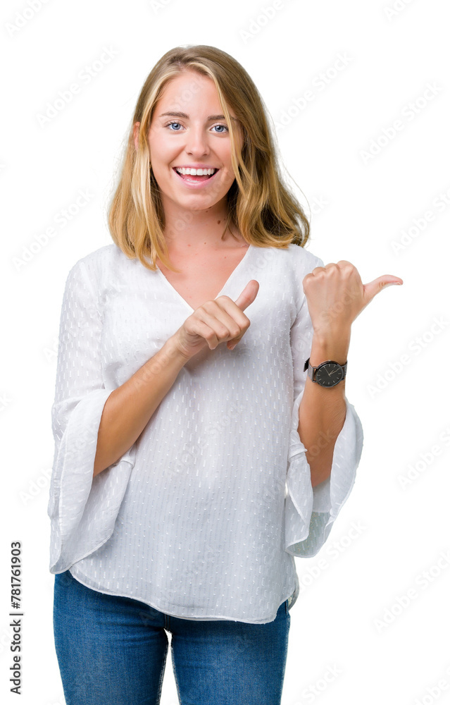 Obraz premium Beautiful young elegant woman over isolated background Pointing to the back behind with hand and thumbs up, smiling confident