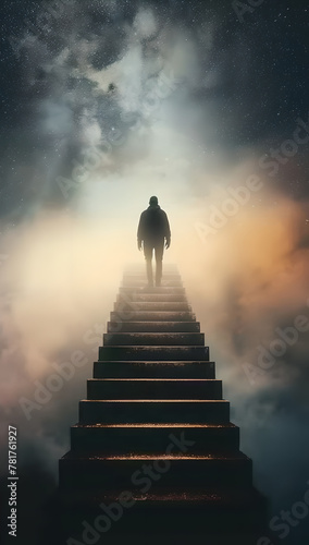  man climbing stairs into unknown , road to discovery concept, Ascend into the Unknown, Exploring the Path to Discovery, Self-Realization , Uncertain future © YOUCEF