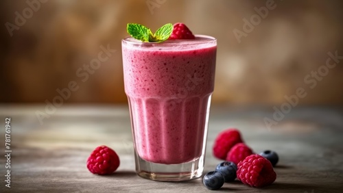  Freshly blended raspberry and blueberry smoothie ready to enjoy