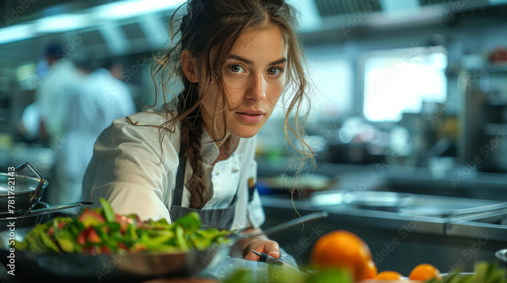 Focused female chef plating salad tweezers restaurant kitchen.