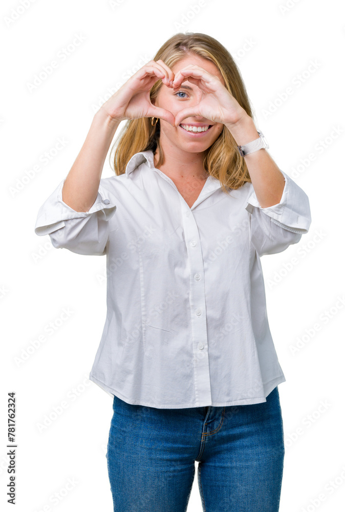 Beautiful young business woman over isolated background Doing heart shape with hand and fingers smiling looking through sign Beautiful young business woman over isolated background Doing heart shape with hand and fingers smiling looking through sign
