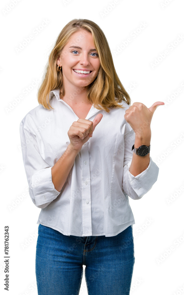 Beautiful young business woman over isolated background Pointing to the back behind with hand and thumbs up, smiling confident Beautiful young business woman over isolated background Pointing to the back behind with hand and thumbs up, smiling confident