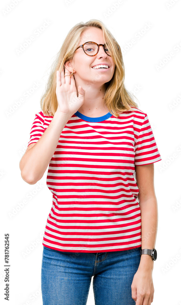 Beautiful young woman wearing glasses over isolated background smiling with hand over ear listening an hearing to rumor or gossip. Deafness concept. Beautiful young woman wearing glasses over isolated background smiling with hand over ear listening an hearing to rumor or gossip. Deafness concept.