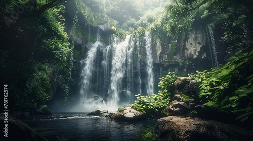 Tranquil scene of majestic waterfall in forest, AI Generative.