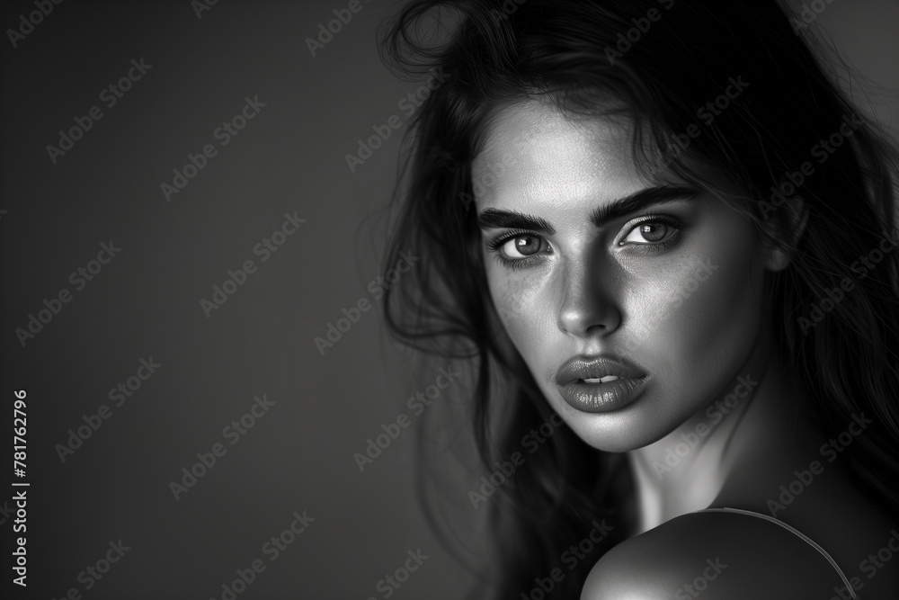 Emotive portrait of a fashionable model with curly hair, natural make-up posing over grey background. Perfect skin. Retro style. Close up. Black and white (monochrome) studio shot Emotive portrait of a fashionable model with curly hair, natural make-up posing over grey background. Perfect skin. Retro style. Close up. Black and white (monochrome) studio shot