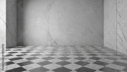 Empty Studio Room Background in Gray Cement Wall Texture with Checkered Marble Floor © Eliane