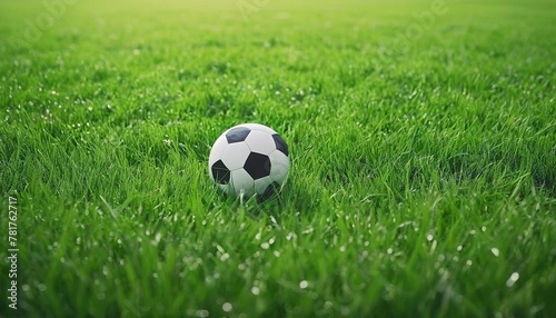 Minimalist Doodle of Lawn Grass Seamless with Football in Summer Field © Eliane