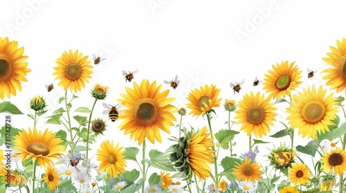 Seasonal Borders  A vector illustration of a border with sunflowers and bees