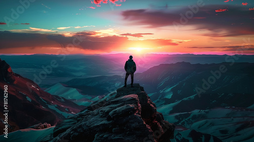 Standing silhouette on mountain peak admiring sunset  AI Generative.