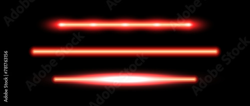 Red neon tube lamp set. Glowing led light line beam collection. Warm color luminous fluorescent bar stick lines. Red orange strip element pack to divide, separate, decorate. Vector illustration