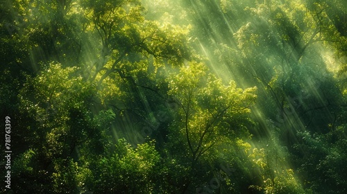 Abstract shimmers of sunlight filtering through a canopy of trees photo