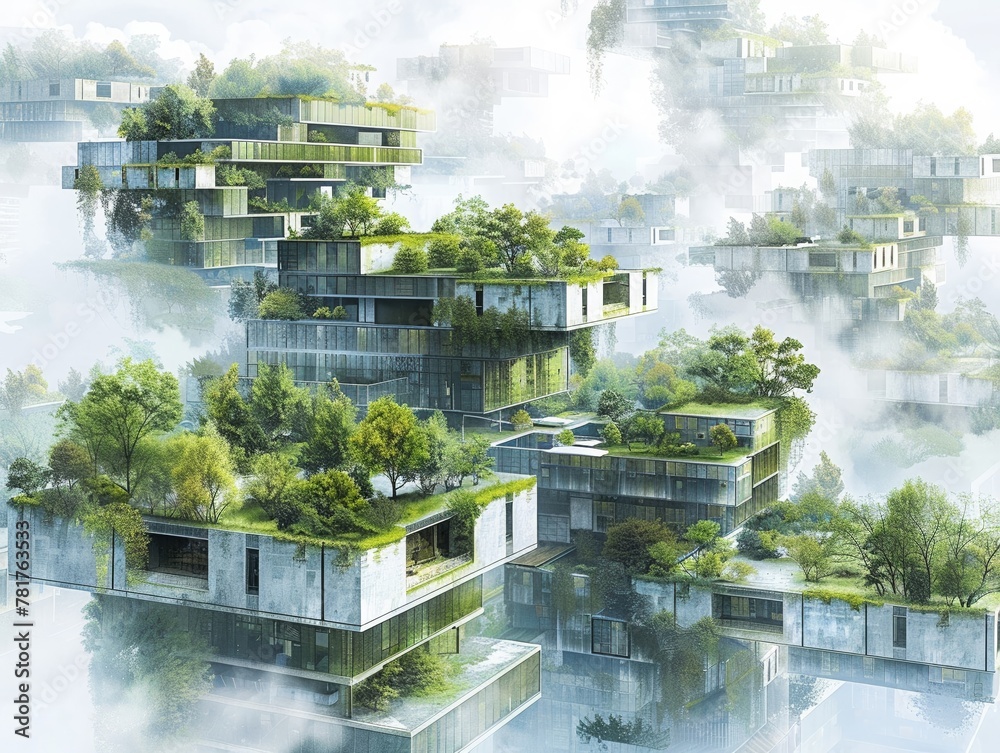 Design a captivating image illustrating interconnected city blocks resembling self-sustaining ecosystems 