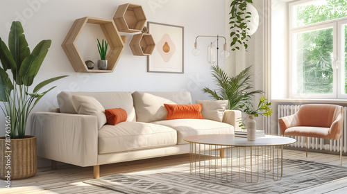 A simple living room with a cream sofa, wooden hexagon shelves on the wall and plants in pots. The light wood floor, and there's an orange cushion on one of the chairs by the window. 