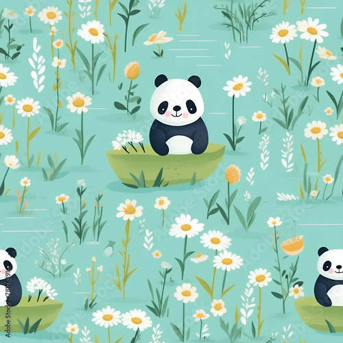 Adorable Panda Playtime  Soft Teal  Spring Meadow with Daisy Flowers