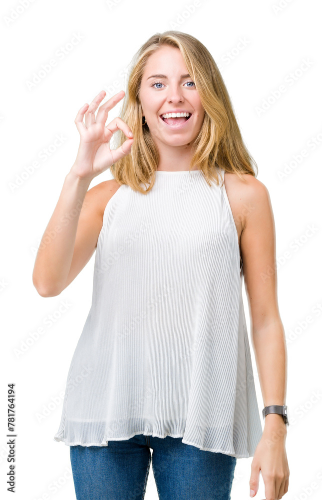 Beautiful young elegant woman over isolated background smiling positive doing ok sign with hand and fingers. Successful expression.