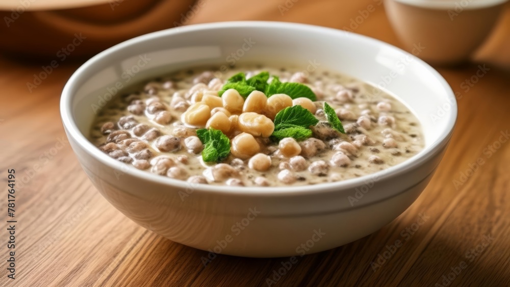 Delicious bowl of creamy hummus with chickpeas and fresh herbs Delicious bowl of creamy hummus with chickpeas and fresh herbs