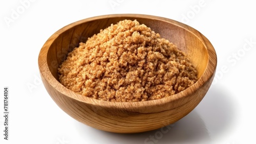  Natural grain of wooden bowl filled with granulated sugar