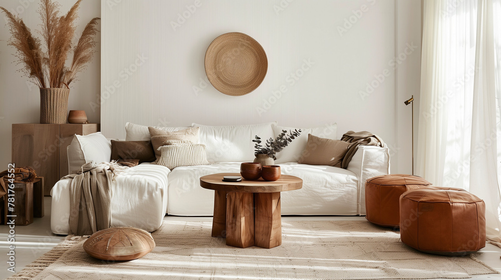 Modern boho living room with white walls, a wooden coffee table and a beige sofa surrounded by soft cushions and leather ottomans. Minimalist home interior design of a modern bedroom in real photo. 