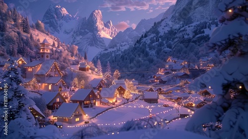 An alpine village costumeed in ling lights and surrounded by towering mountains covered in a blanket of snow. . .
