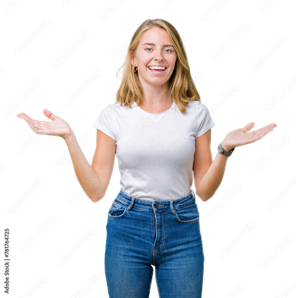 Beautiful young woman wearing casual white t-shirt over isolated background Smiling showing both hands open palms, presenting and advertising comparison and balance Beautiful young woman wearing casual white t-shirt over isolated background Smiling showing both hands open palms, presenting and advertising comparison and balance