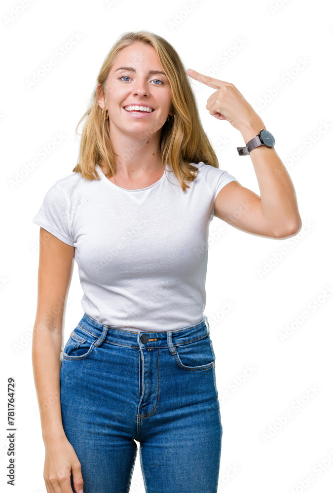 Beautiful young woman wearing casual white t-shirt over isolated background Smiling pointing to head with one finger, great idea or thought, good memory Beautiful young woman wearing casual white t-shirt over isolated background Smiling pointing to head with one finger, great idea or thought, good memory