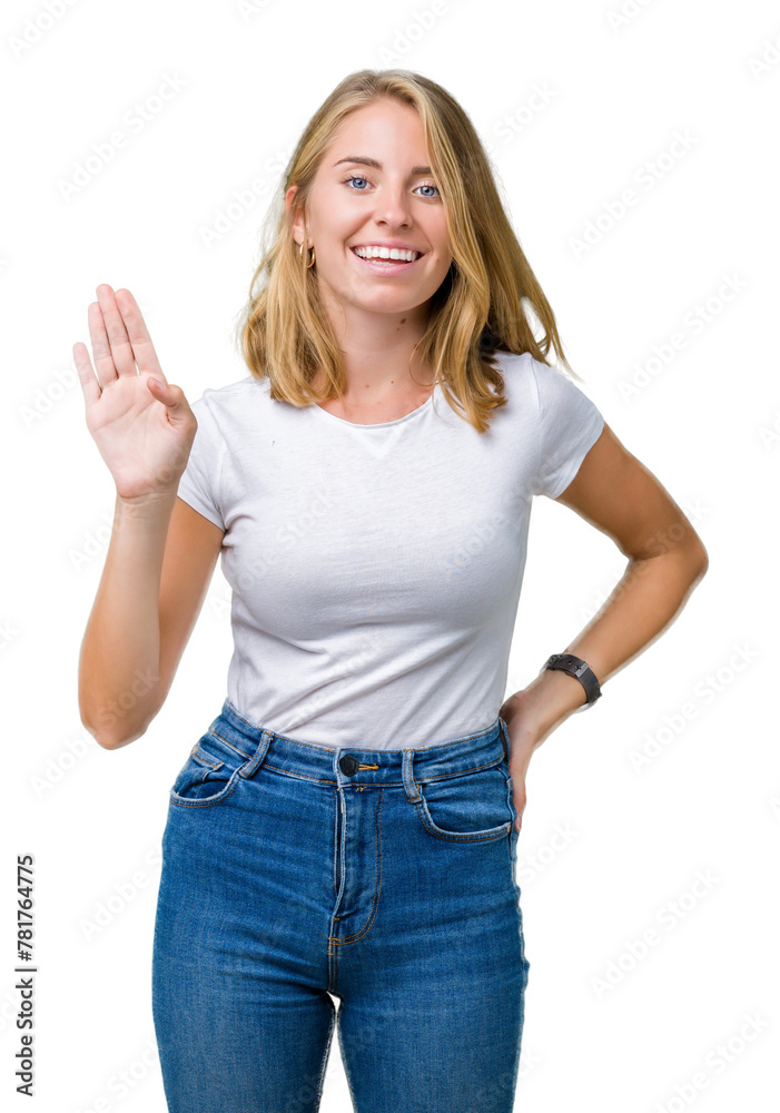 Beautiful young woman wearing casual white t-shirt over isolated background Waiving saying hello happy and smiling, friendly welcome gesture Beautiful young woman wearing casual white t-shirt over isolated background Waiving saying hello happy and smiling, friendly welcome gesture