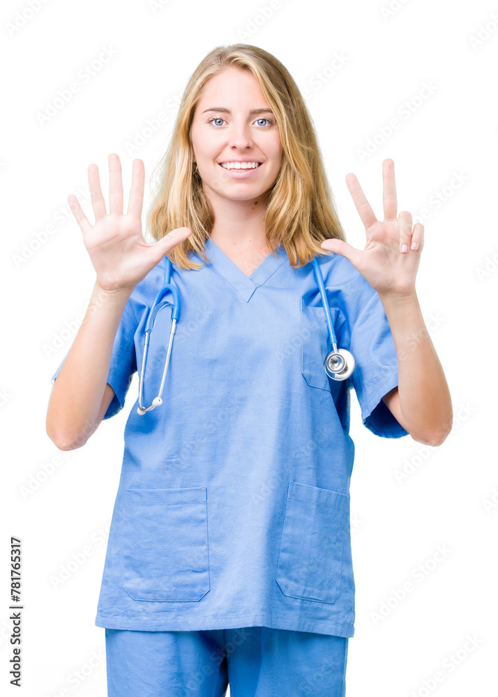 Beautiful young doctor woman wearing medical uniform over isolated background showing and pointing up with fingers number eight while smiling confident and happy. Beautiful young doctor woman wearing medical uniform over isolated background showing and pointing up with fingers number eight while smiling confident and happy.