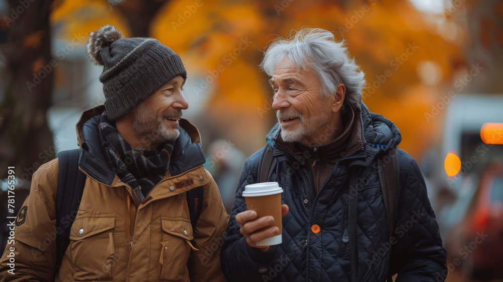 Friends, a senior and a young man walking and talking and drinking coffee together in the autumn park.