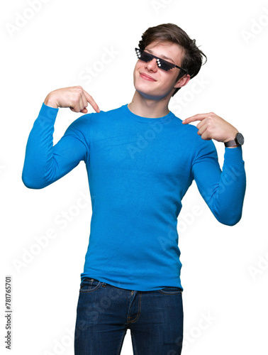 Young man wearing funny thug life glasses over isolated background looking confident with smile on face, pointing oneself with fingers proud and happy.