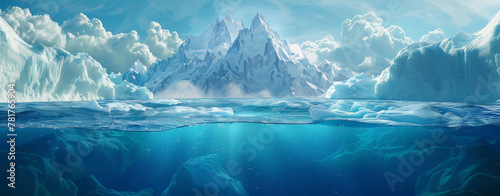 Photo of An iceberg floating in the ocean with half visible below and above water