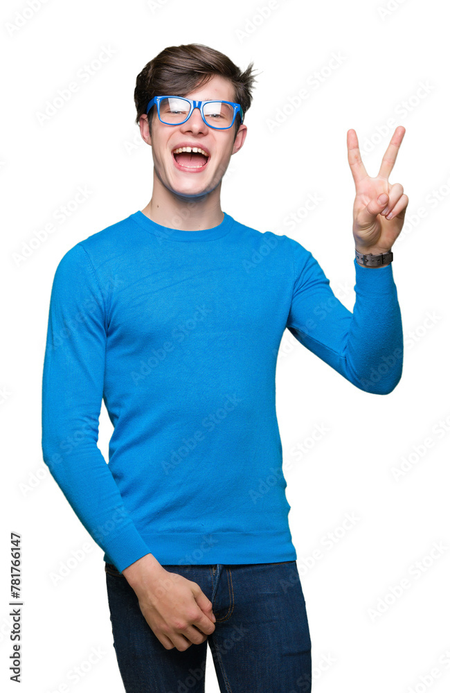 Fototapeta premium Young handsome man wearing blue glasses over isolated background smiling with happy face winking at the camera doing victory sign. Number two.