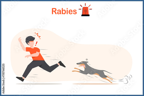 Medical vector illustration in flat style. Rabies concept.A gray dog ​​infected with rabies.Chasing and biting a man who was running away in extreme shock. Dogs can be carriers of rabies.