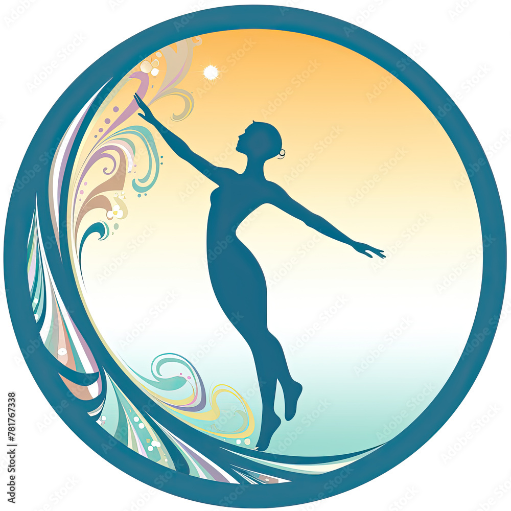 A logo of a woman dancing in silhouette style within a circle