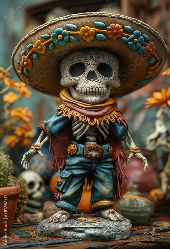A Toy In The Form Of A Skeleton In Mexican Clothes. Illustration On The Theme Of Carnivals, Mysticism And Religion. Generative AI 