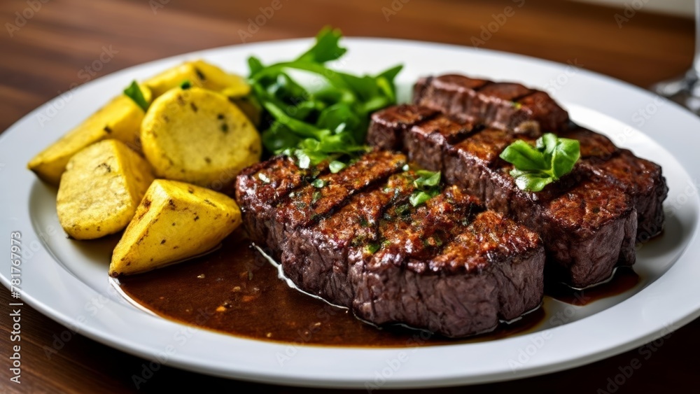 Deliciously cooked steak with a side of seasoned potatoes and greens Deliciously cooked steak with a side of seasoned potatoes and greens