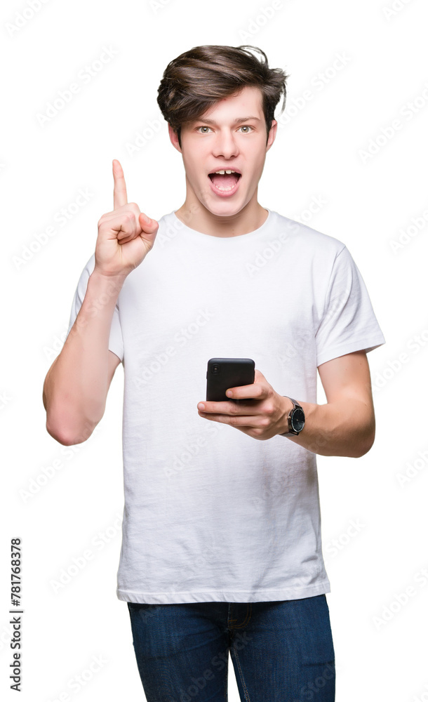 Young man using smartphone over isolated background surprised with an idea or question pointing finger with happy face, number one Young man using smartphone over isolated background surprised with an idea or question pointing finger with happy face, number one