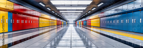 Empty Subway Station Interior  Modern Urban Transportation Corridor  Sleek Metro Tunnel with Blue Light Accents