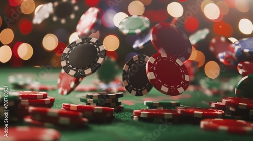 A cascade of poker chips falling onto a lush green table, with spotlighting to highlight the action and excitement of casino life photo
