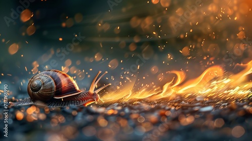 A snail accelerates, leaving behind a blazing trail, captured in a whimsical close-up, showcasing speed's beauty