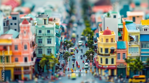 A travelers journey through the viewfinder showcases a bustling city street filled with colorful buildings and busy people all frozen in time. .