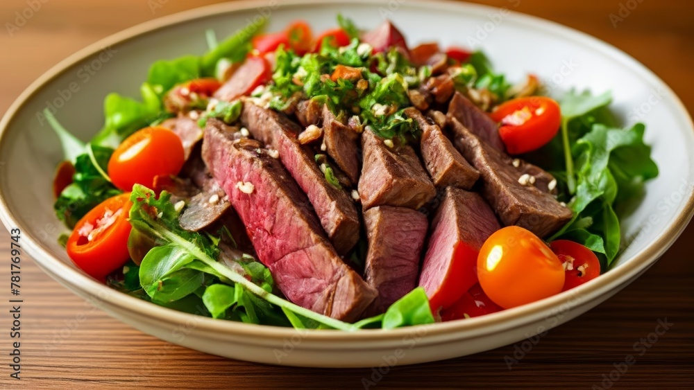Deliciously fresh salad with tender beef and vibrant tomatoes Deliciously fresh salad with tender beef and vibrant tomatoes