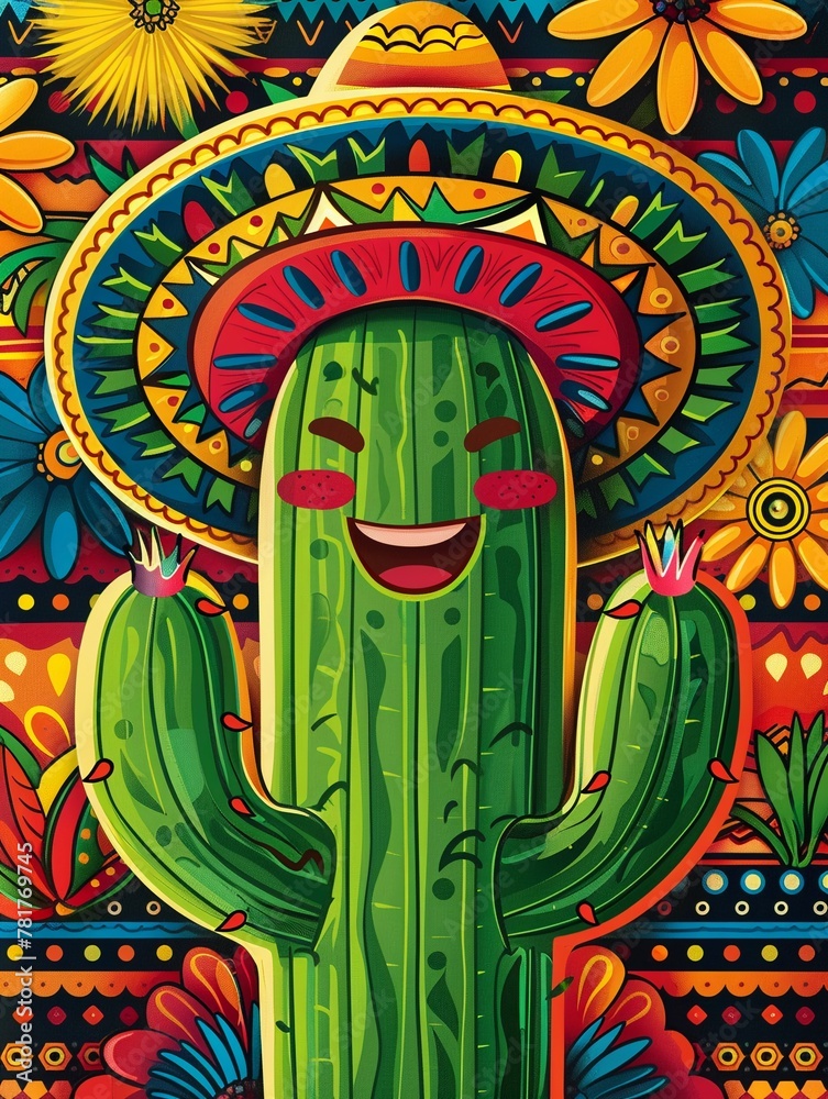 Cactus character with a Mexican hat, on a lively Cinco de Mayo celebration background, featuring traditional Mexican patterns and vivid colors Cactus character with a Mexican hat, on a lively Cinco de Mayo celebration background, featuring traditional Mexican patterns and vivid colors