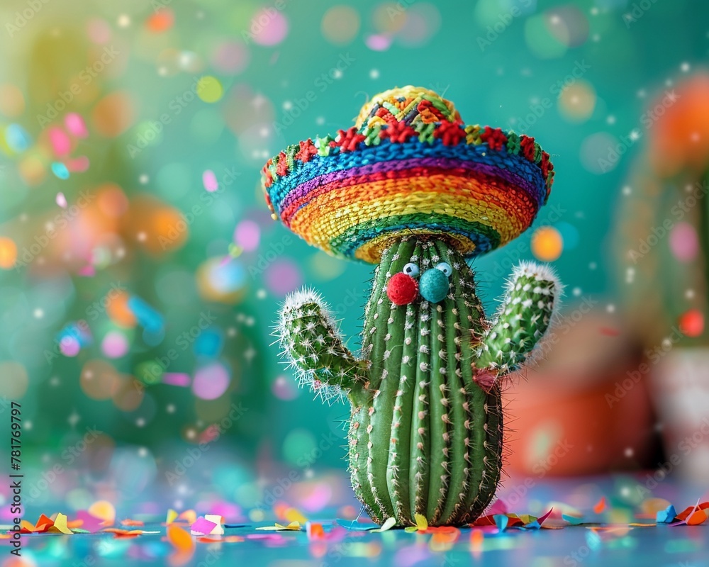 Cactus wearing a Mexican sombrero, vibrant Cinco de Mayo celebration background, with colorful fiesta decorations and confetti