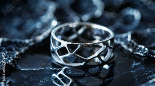 Elegant 925 sterling silver ring design on a soft backdrop. A luxurious and intricately designed ring stands out against a creamy, soft background, bathed in gentle light photo