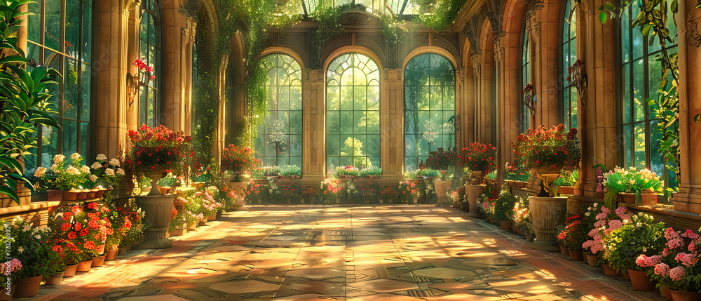 Obraz premium Enchanting Interior Garden Space, Historical Architecture Blended with Natural Elements, Serene and Mystical Atmosphere