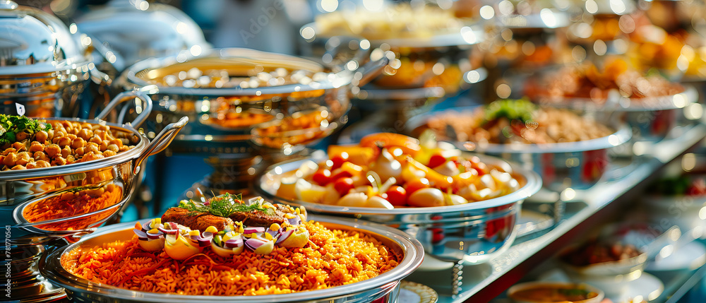 Exotic Buffet Spread with a Variety of Dishes, Offering a Taste of Traditional Cuisine in a Luxurious Dining Setting for Special Occasions